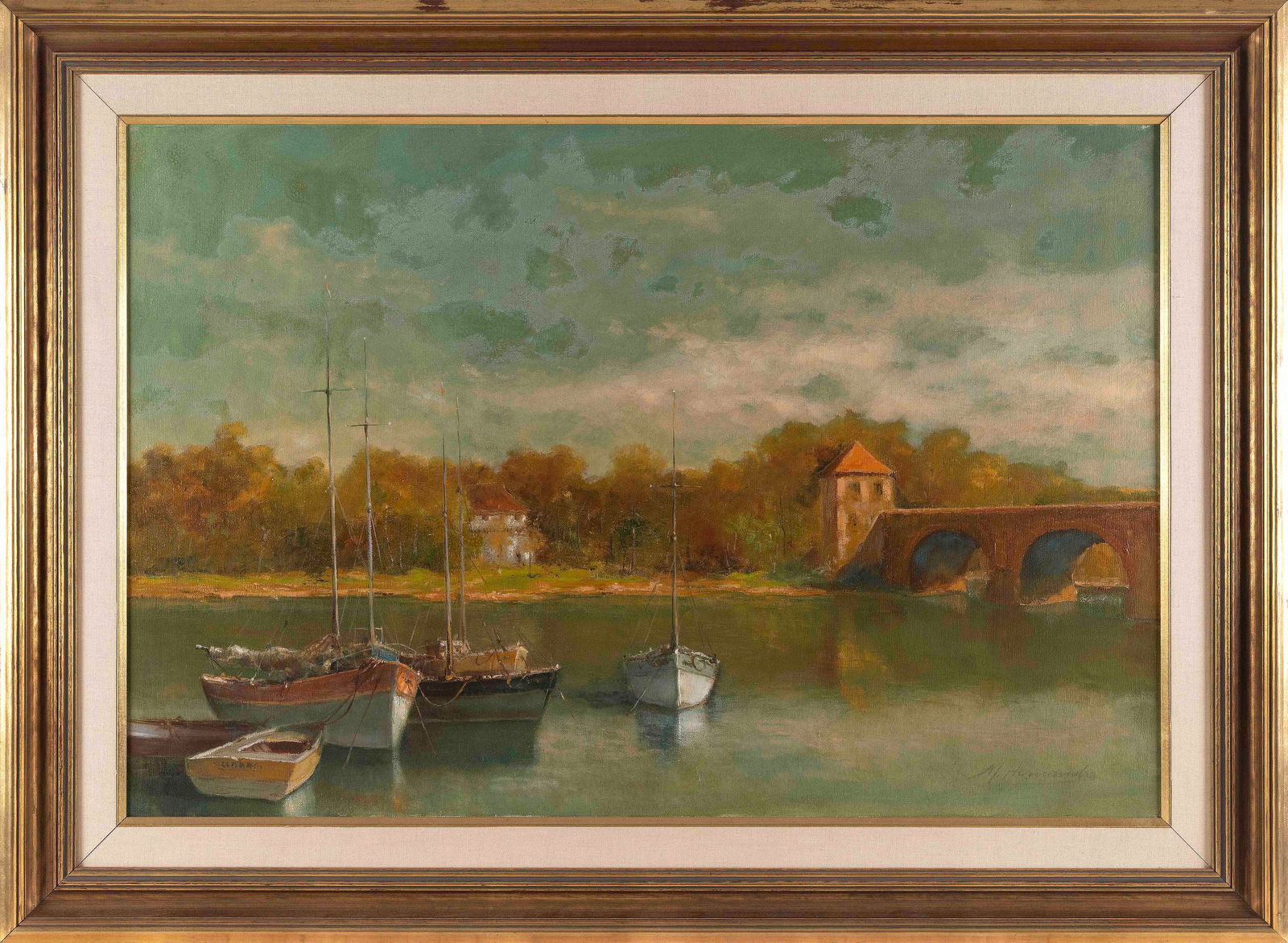 CONTINENTAL SCHOOL (20th Century,), "Boats in a Quiet Inlet"., Oil on canvas, 24" x 36". Framed 32" (1 of 2)