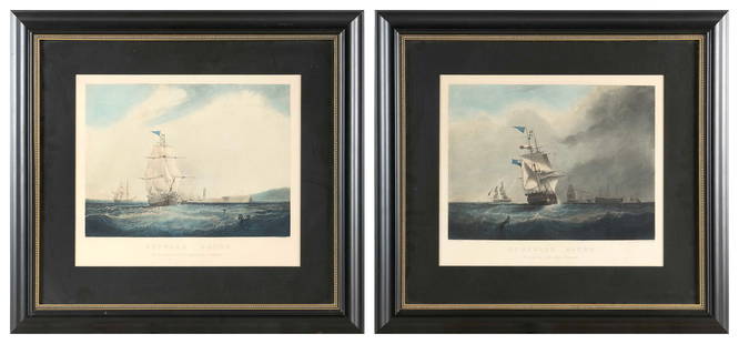 PAIR OF HAND-COLORED MARINE LITHOGRAPHS England, Late 19th/Early 20th Century 11" x 13" sight.: PAIR OF HAND-COLORED MARINE LITHOGRAPHS England, Late 19th/Early 20th Century "Outward Bound" and "Homeward Bound" engraved by Henry A. Papprill (England, 1816-1903) after paintings by Samuel Walters