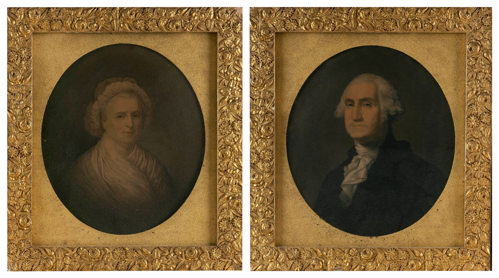 AFTER GILBERT STUART (America, 19th Century), Portraits of George and Martha Washington.,: AFTER GILBERT STUARTAmerica, 19th CenturyPortraits of George and Martha Washington. Unsigned. Stamped verso "Warranted Oil Colors Entered according to Act of Congress, in the year 1861, by E.C. Middle