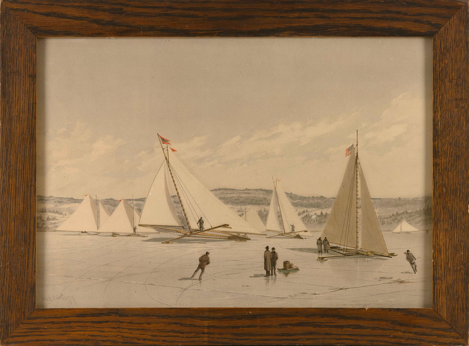 FREDERIC SCHILLER COZZENS (New York, 1846-1928), Ice boats., Lithograph, 14" x 20" sight. Framed 18" (1 of 2)