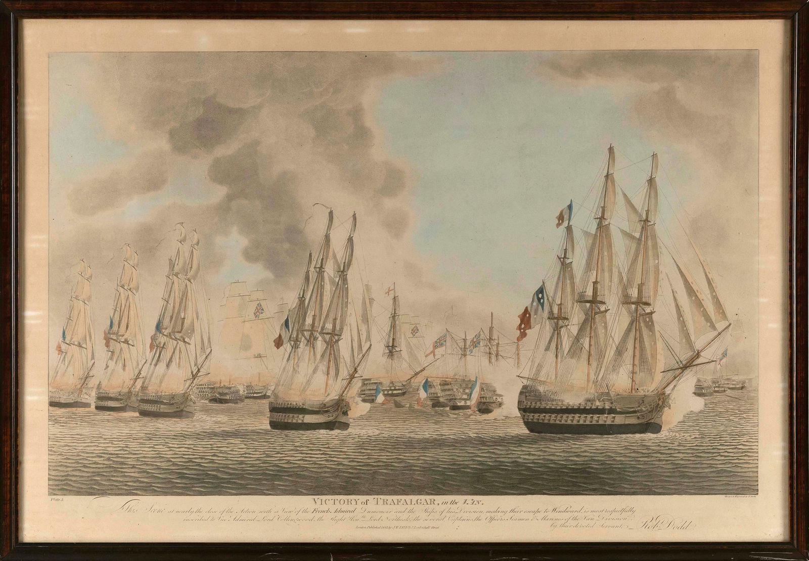 VICTORY OF TRAFALGAR PRINT Dated 1843 21" x 30.5" sight. Framed 22.5" x 32". (1 of 2)