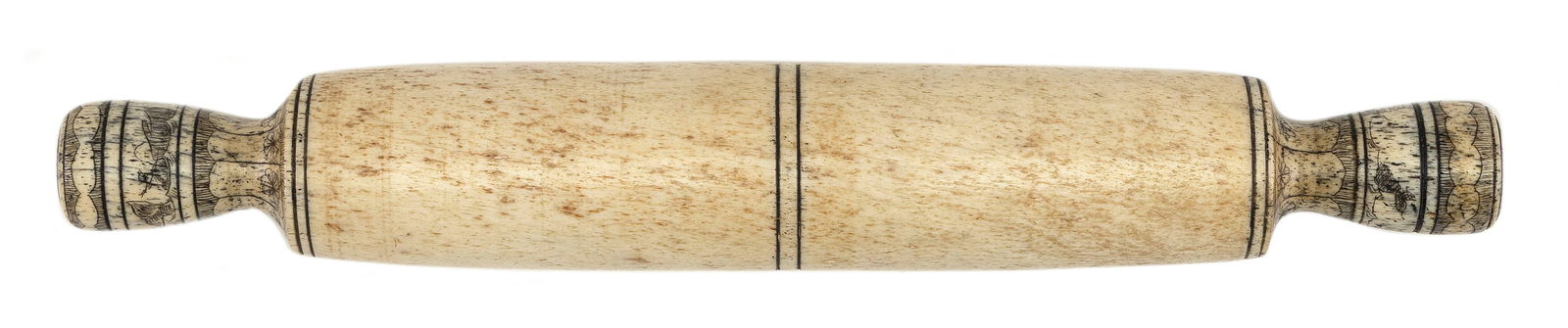 SCRIMSHAW WHALEBONE ROLLING PIN Late 19th/Early 20th Century Length 10.25".: SCRIMSHAW WHALEBONE ROLLING PINLate 19th/Early 20th CenturyHandles engraved with whaling scenes and flowers.Length 10.25".