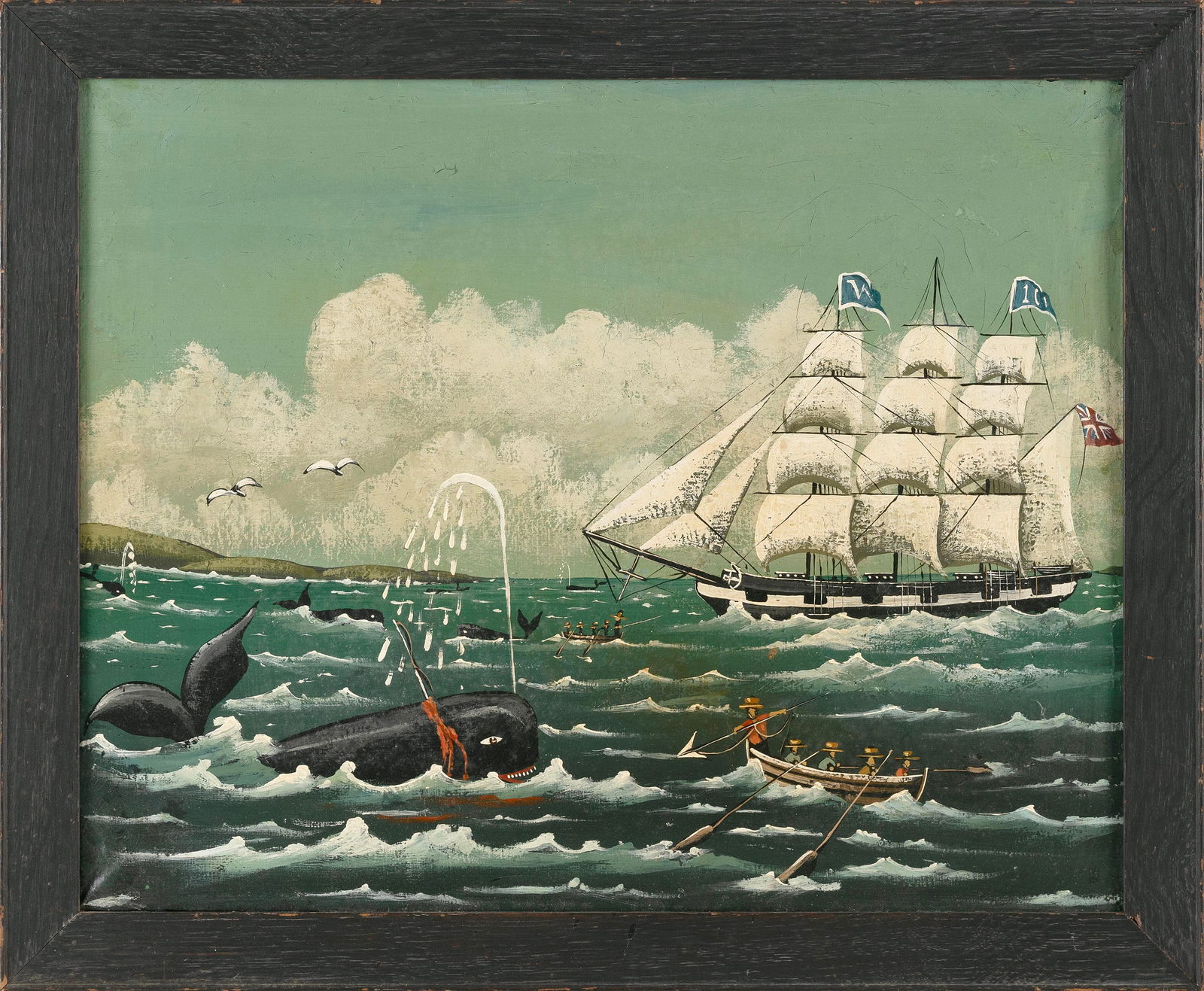 ENGLISH SCHOOL (20th Century,), Whaling scene., Oil on canvas, 16" x 20". Framed 18.5" x 22.5". (1 of 2)
