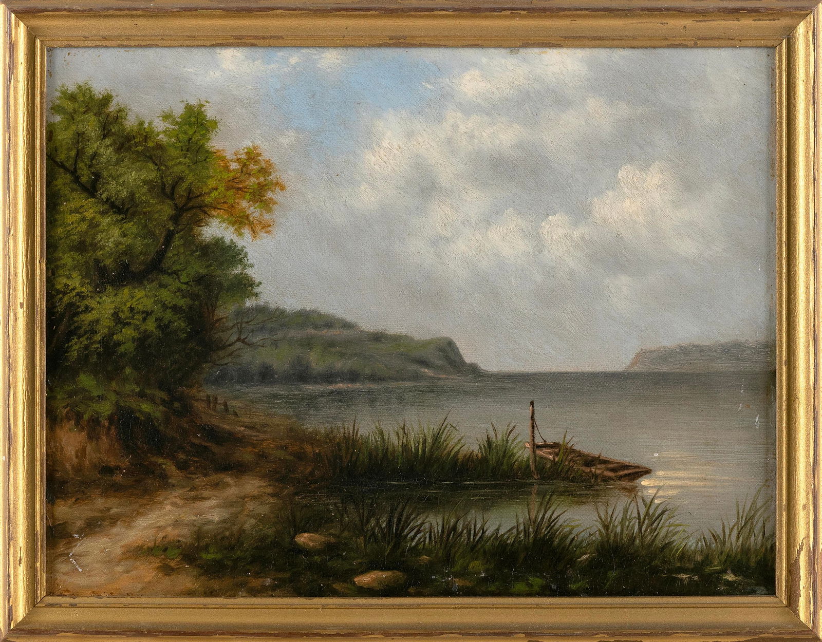 AMERICAN SCHOOL (Late 19th/Early 20th Century,), Dory pulled ashore., Oil on canvas, 9" x 12". (1 of 2)