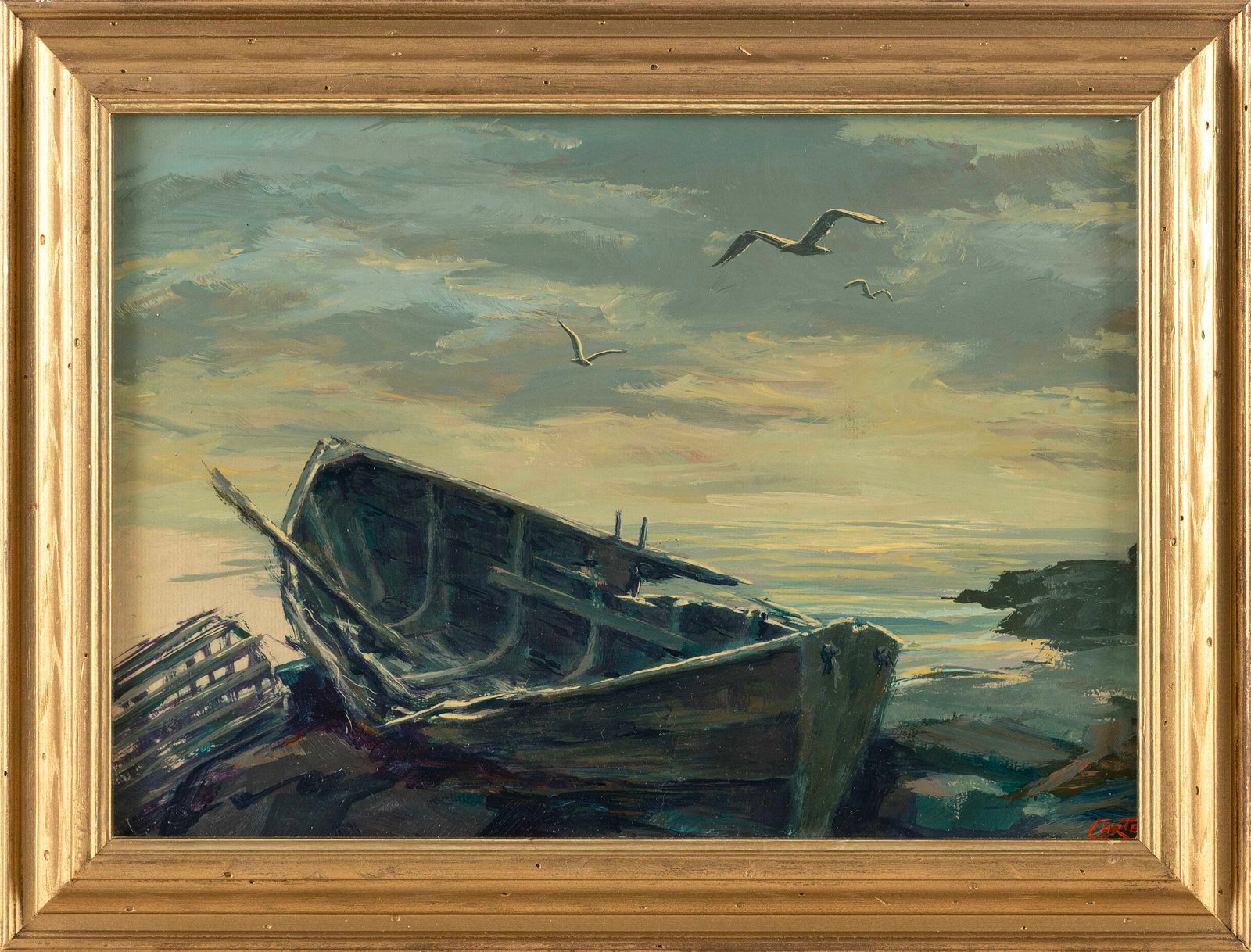NEW ENGLAND SCHOOL (20th Century,), Ruined rowboat on shore., Oil on board, 9.5" x 13". Framed 13" x: NEW ENGLAND SCHOOL 20th Century Ruined rowboat on shore. Signed lower right "Carter". Oil on board, 9.5" x 13". Framed 13" x 16.5".