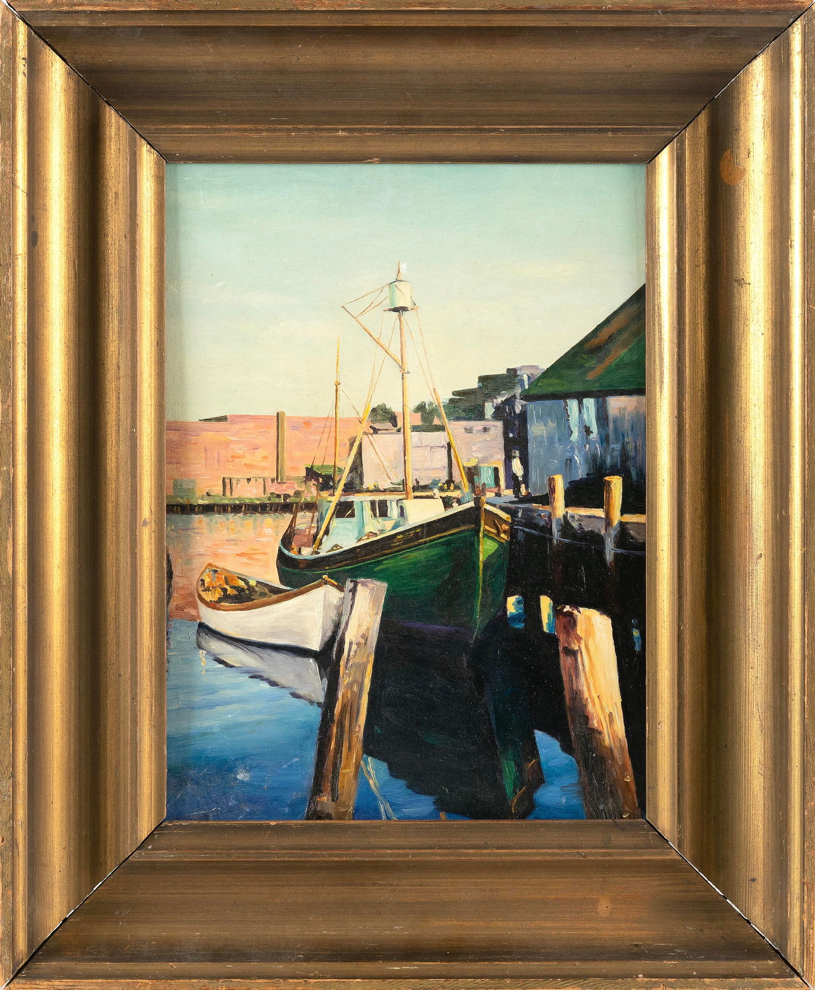 AMERICAN SCHOOL (20th Century,), "Fishing Boats, New England"., Oil on canvas board, 13" x 10". (1 of 2)