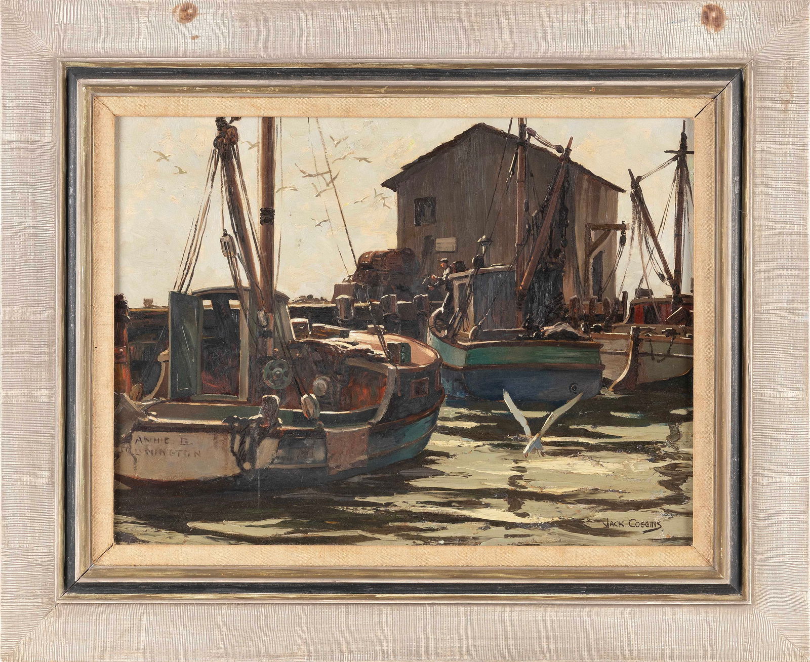JACK COGGINS (New York/Pennsylvania, 1911-2006), "Fish Dock, Stonington Conn"., Oil on board, 17" x (1 of 2)