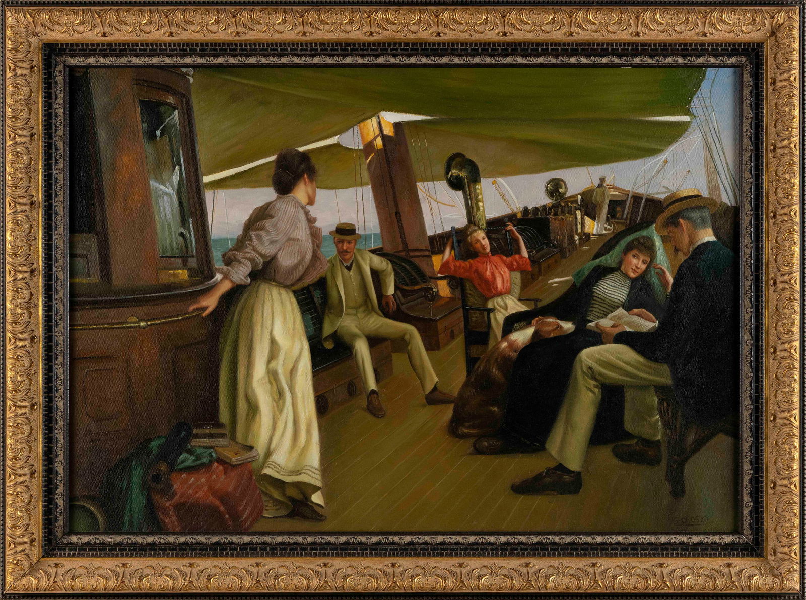 AFTER JULIUS LEBLANC STEWART (Contemporary,), "On the Yacht Namouna, Venice (1890)"., Oil on canvas,: AFTER JULIUS LEBLANC STEWARTContemporary"On the Yacht Namouna, Venice (1890)". Signed lower right "S. Crosby". This is a contemporary copy of the original work by Stewart (Pennsylvania/France, 1855-19