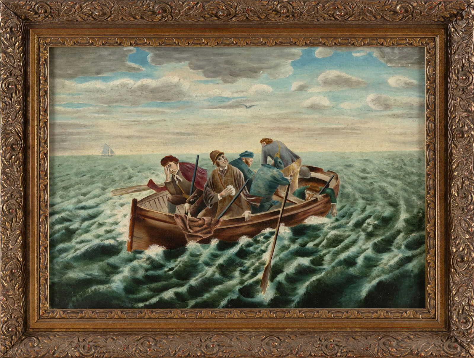 AMERICAN SCHOOL (Circa 1900,), Men in a lifeboat., Oil on canvas, 14" x 20". Framed 17" x 25". (1 of 2)