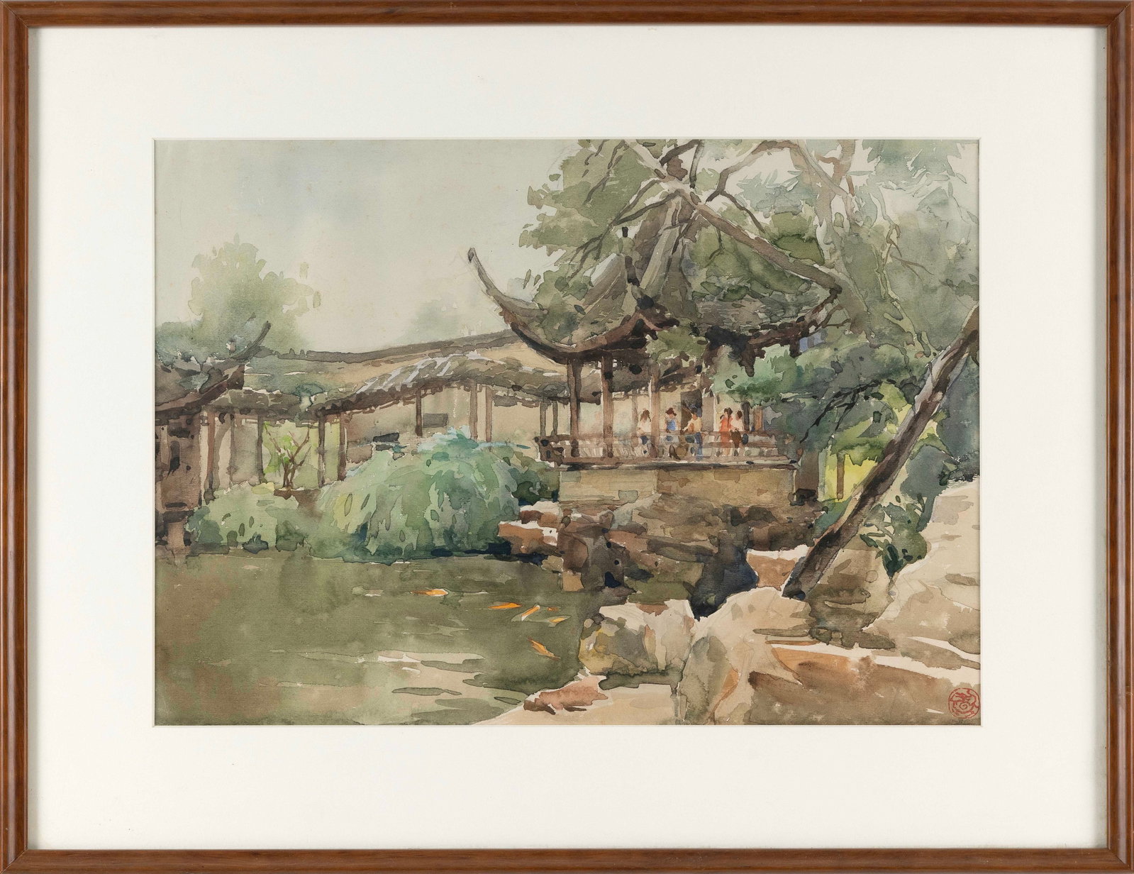 JAPANESE SCHOOL (20th Century,), Figures at a temple., Watercolor on paper, 14.5" x 20.5" sight.: JAPANESE SCHOOL 20th Century Figures at a temple. Signed with seal lower right. Watercolor on paper, 14.5" x 20.5" sight. Framed 21.5" x 27.5".