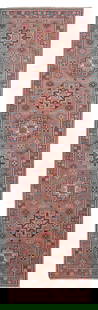 KAZAK DESIGN RUNNER: 2í8" X 9í6" 21st Century: KAZAK DESIGN RUNNER: 2í8" X 9í6"21st CenturyLight khaki field with octagonal medallions containing bold latch hook elements, all rendered in shades of blue, red, green, bright peach, subtle