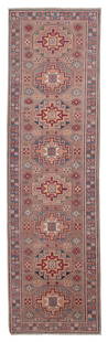 KAZAK DESIGN RUNNER: 2í8" X 9í6" 21st Century: KAZAK DESIGN RUNNER: 2í8" X 9í6" 21st Century Light khaki field with octagonal medallions containing bold latch hook elements, all rendered in shades of blue, red, green, bright peach,