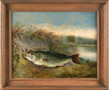 AMERICAN SCHOOL (Circa 1890,), A bass on the shore., Oil on canvas, 17" x 22". Framed 22.5" x 27.5".: AMERICAN SCHOOL Circa 1890 A bass on the shore. In the manner of Samuel Kilbourne (Maine, 1836-1881). Unsigned. Aaron Draper Shattuck keys. Oil on canvas, 17" x 22". Framed 22.5" x 27.5".