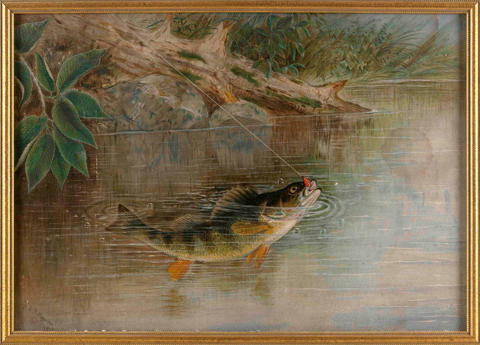 LITHOGRAPH AFTER SAMUEL A. KILBOURNE Maine, 1836-1881 14" x 20". Framed 15" x 21.5".: LITHOGRAPH AFTER SAMUEL A. KILBOURNE Maine, 1836-1881 Perch hooked on a fly. 14" x 20". Framed 15" x 21.5".