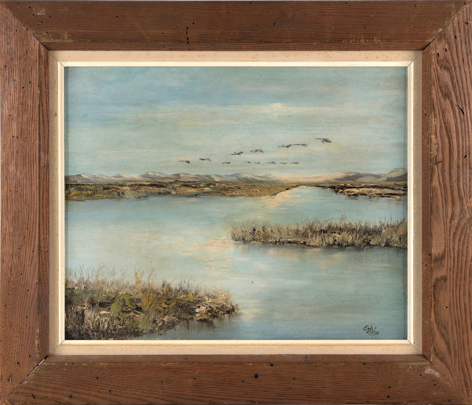 EARL EDWARD COLLINS (Connecticut/New York, 1925-1992), Ducks in flight over a marsh., Oil on board, (1 of 2)