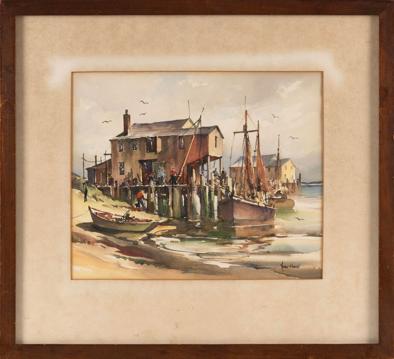 JOHN CUTHBERT HARE (Massachusetts/Florida, 1908-1978), Fishing shacks on the harbor., Watercolor on: JOHN CUTHBERT HAREMassachusetts/Florida, 1908-1978Fishing shacks on the harbor. Signed lower right "John Hare".Watercolor on paper, 10" x 12" sight. Framed 17.5" x 19". Provenance:Decoys Unlimited Auc