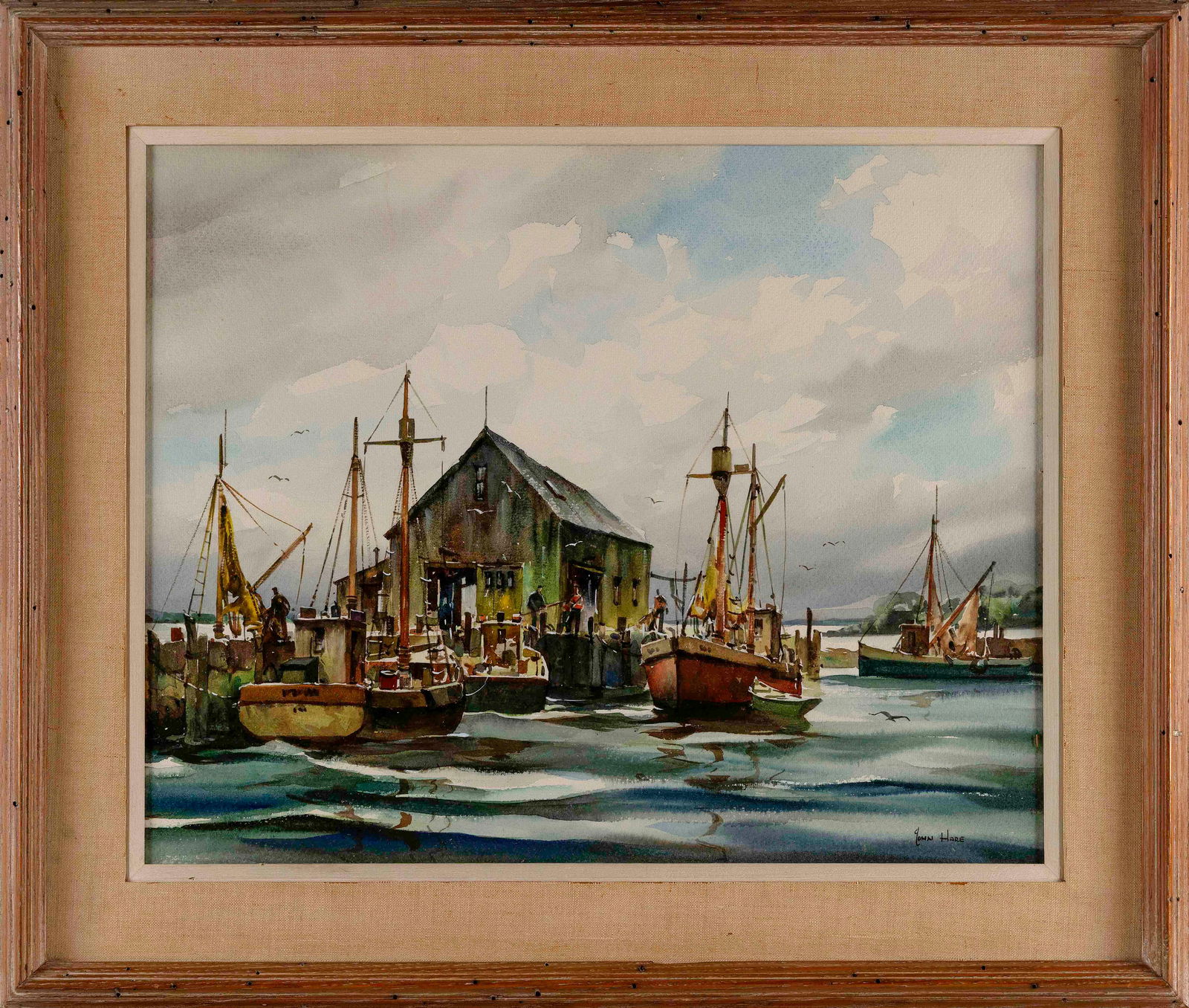 JOHN CUTHBERT HARE (Massachusetts/Florida, 1908-1978), New England habor scene., Watercolor on: JOHN CUTHBERT HAREMassachusetts/Florida, 1908-1978New England habor scene. Signed lower right "John Hare".Watercolor on paper, 15.5" x 19.5". Framed 22" x 27".