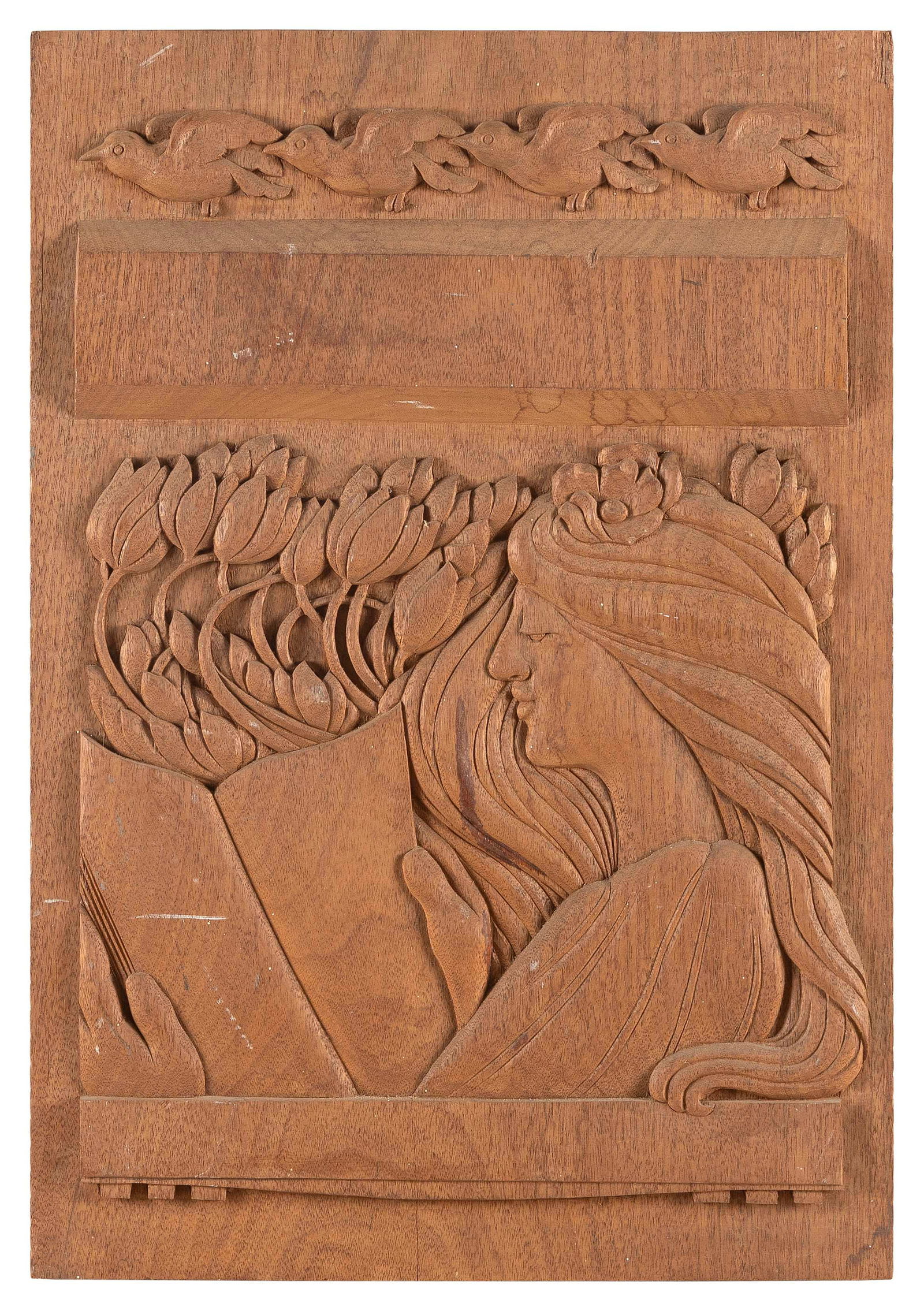 PAUL WHITE (Massachusetts, Contemporary), Woman reading a book in a garden., Carved wood plaque, 23" (1 of 2)