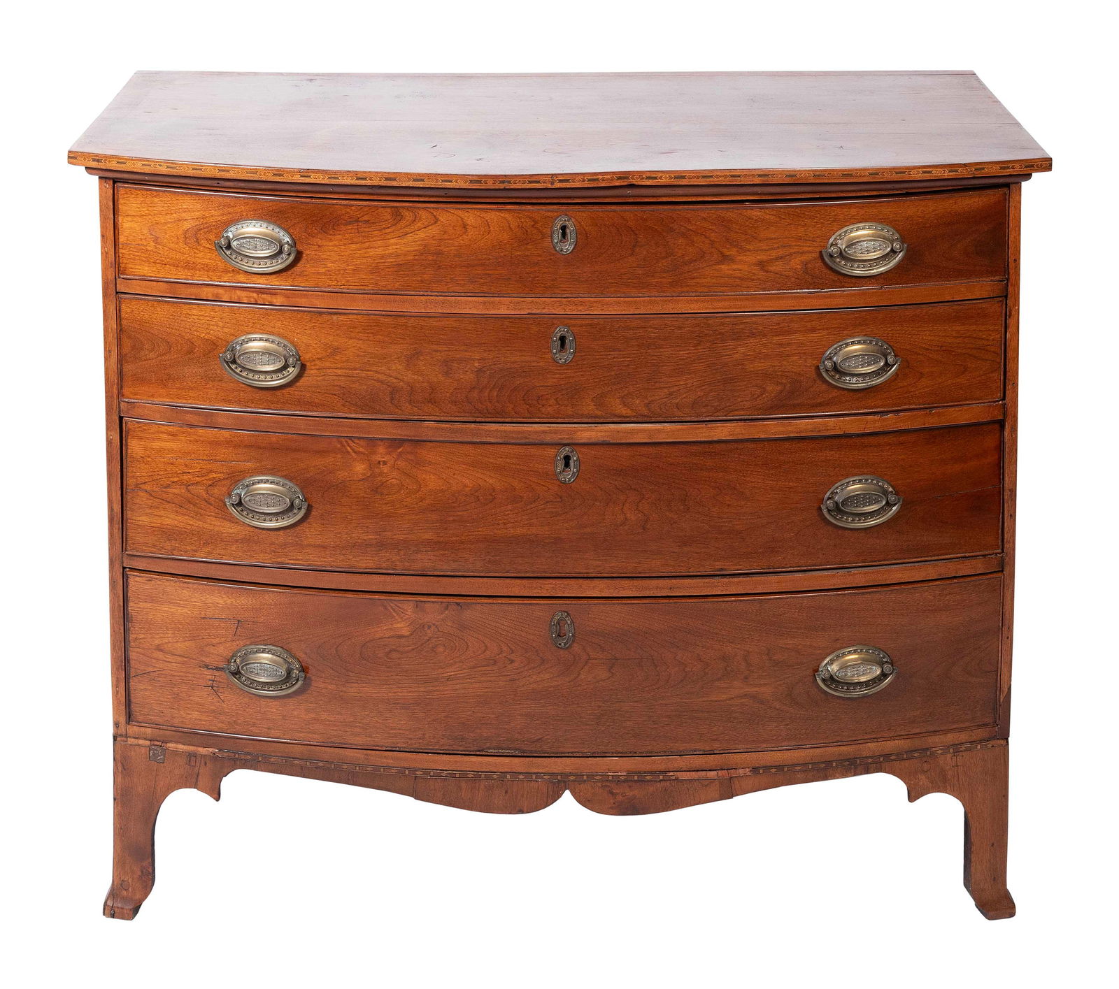 HEPPLEWHITE SWELL-FRONT BUREAU New England, Circa 1800 Height 33.25". Width 40.5". Depth 40.5". (1 of 1)