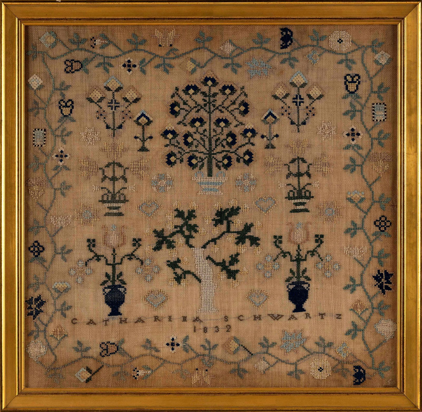 PENNSYLVANIA NEEDLEWORK SAMPLER Dated 1832 16.5" x 17.25" sight. Framed 19" x 19.5". (1 of 2)