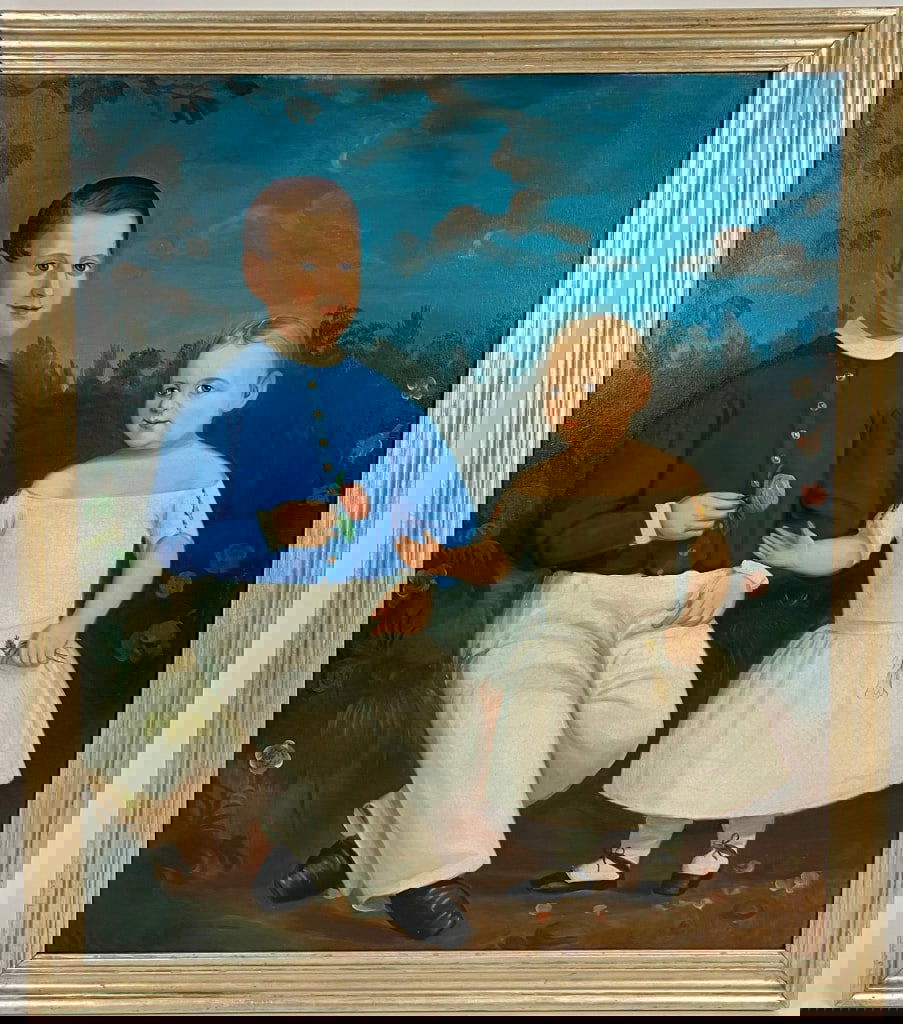 AMERICAN SCHOOL , Primitive depiction of two young children holding flowers in a landscape setting., (1 of 2)