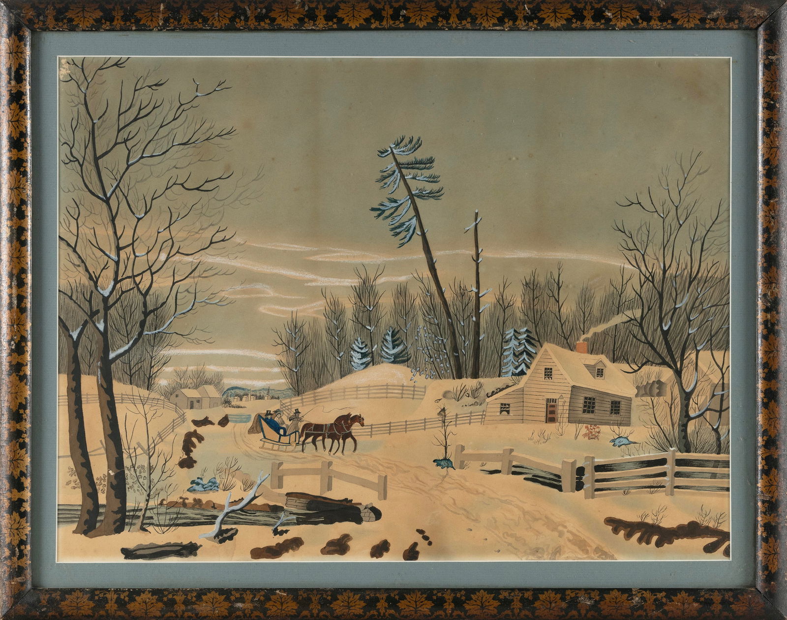 AMERICAN SCHOOL (19th Century,), Primitive winter scene with a horse-drawn sleigh., Watercolor on (1 of 2)