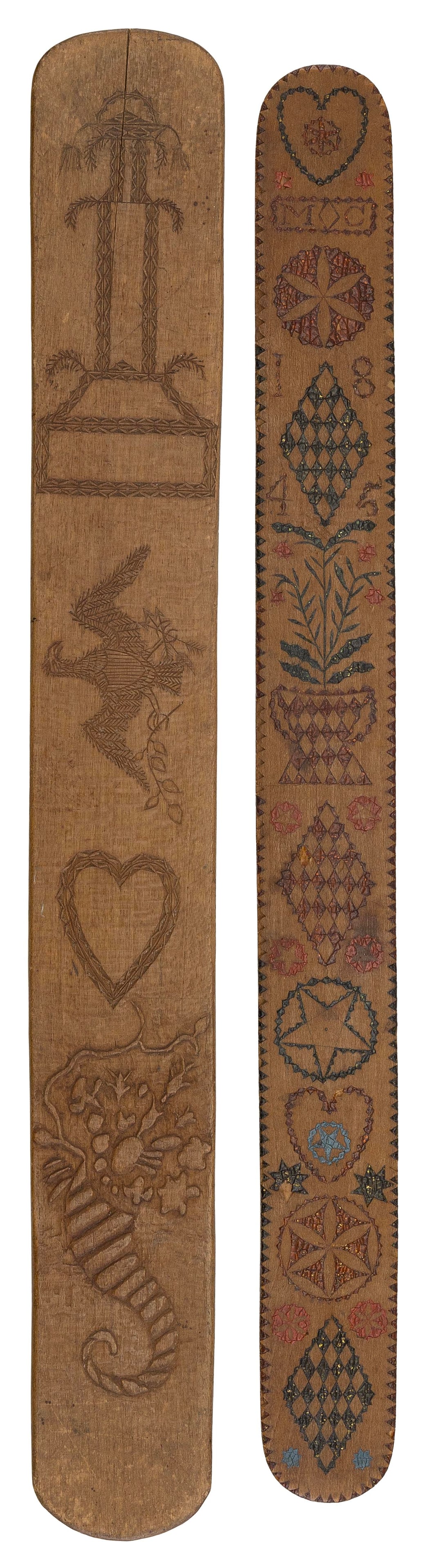 TWO CARVED WOODEN BUSKS 19th Century Lengths 14". (1 of 2)