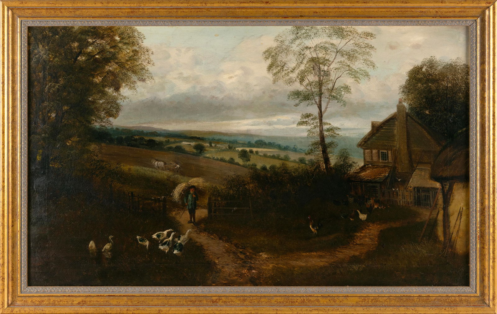 PRIMITIVE PAINTING OF A FARM Oil on canvas, 20" x 34". Framed 23.5" x 37.5". (1 of 2)