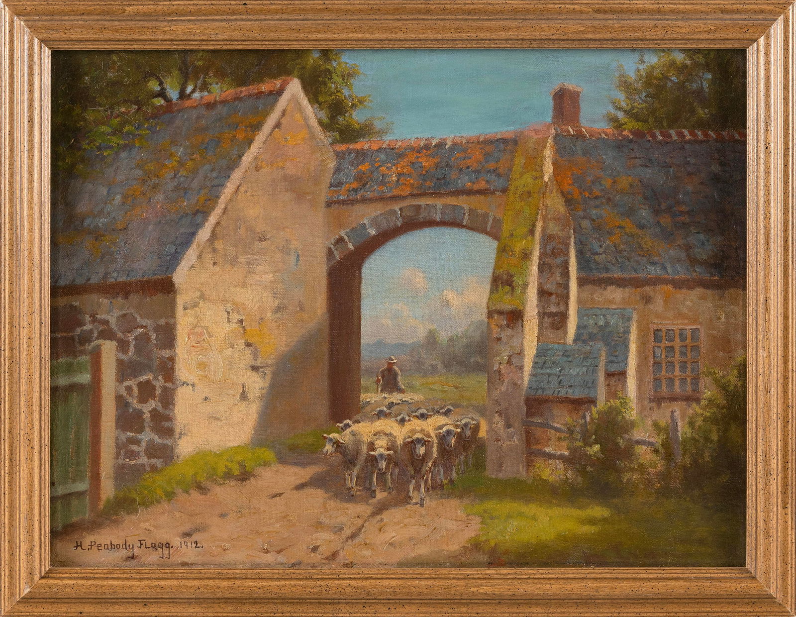 HIRAM PEABODY FLAGG (Massachusetts/New York, 1858-1937), Herding sheep through a country gate., Oil (1 of 2)