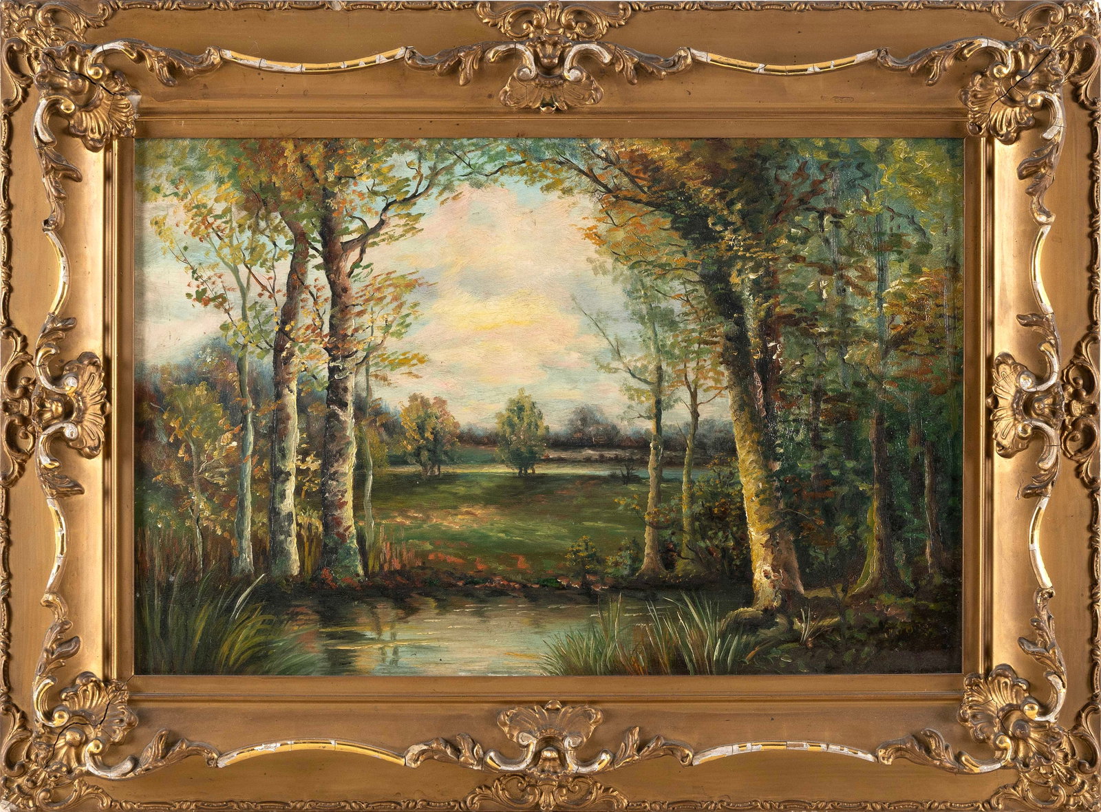 PRIMITIVE WOODLAND SCENE 19th Century Oil on board, 12" x 18". Framed 18" x 24".: PRIMITIVE WOODLAND SCENE 19th Century Unsigned. Oil on board, 12" x 18". Framed 18" x 24".