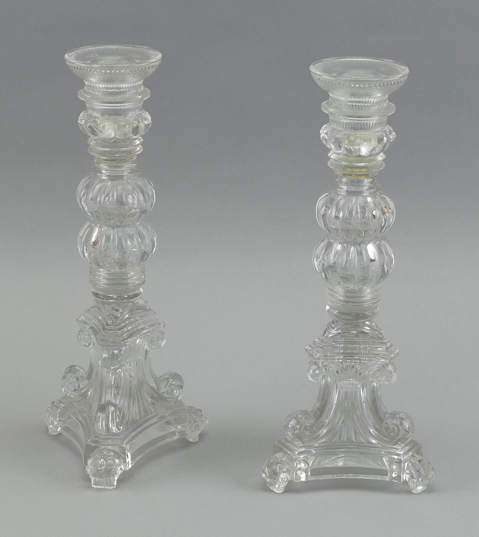 PAIR OF SANDWICH-TYPE LACY GLASS CANDLESTICKS 20th Century Heights 10.5". (1 of 1)