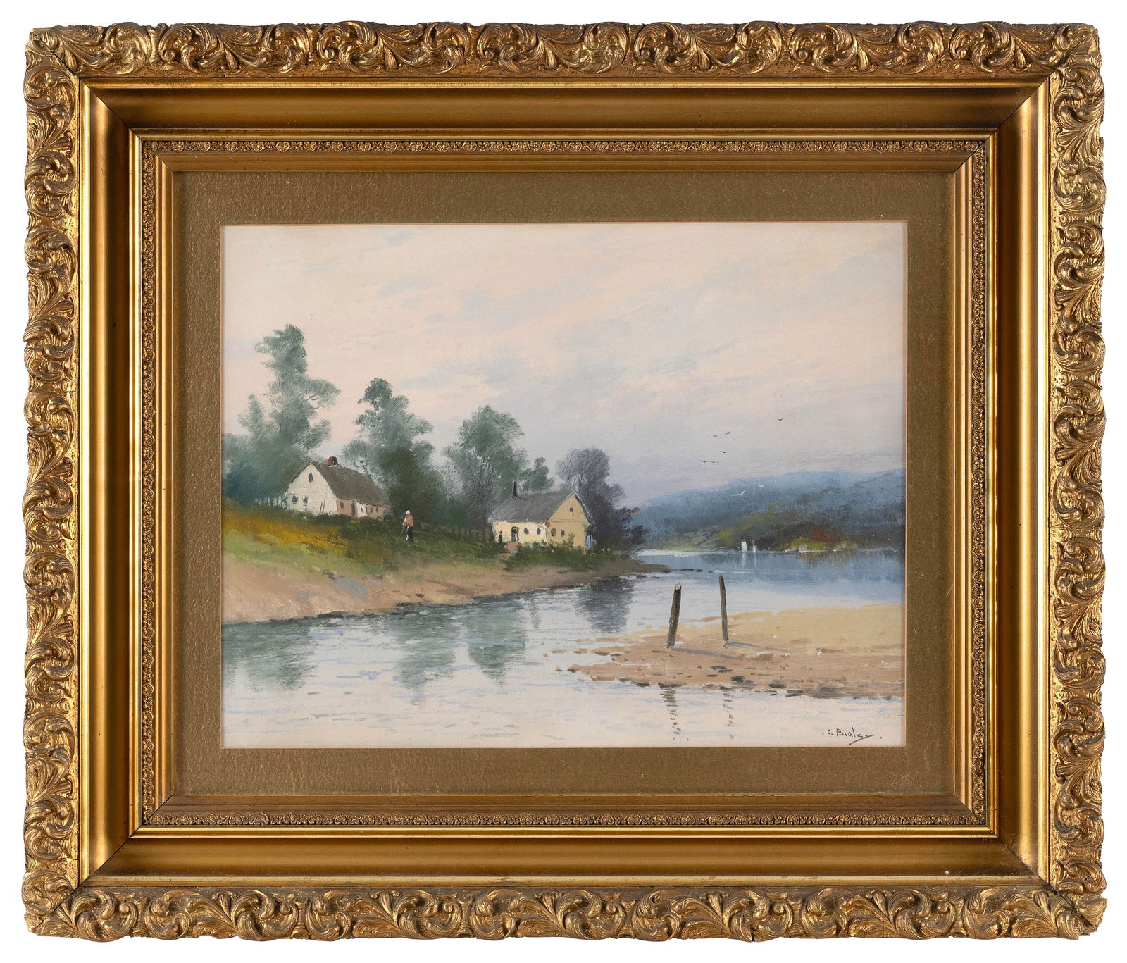 CLARENCE E. BRALEY (Massachusetts, 1854-1927), Houses by a river., Pastel on board, 13" x 17" sight. (1 of 2)