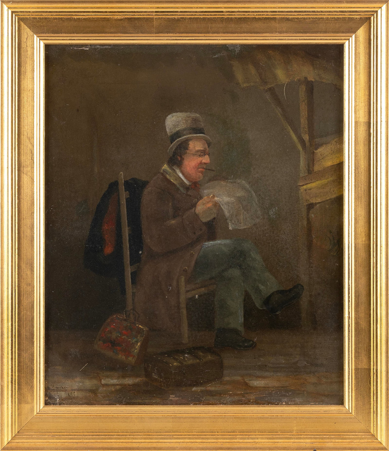 AMARIAH DWIGHT BEECHER (New York/Illinois, 1839-1896), Interior scene with a man reading a: AMARIAH DWIGHT BEECHER New York/Illinois, 1839-1896 Interior scene with a man reading a newspaper. Signed lower left "A.D. Beecher". Oil on canvas laid down, 18" x 15". Framed 22" x 19".