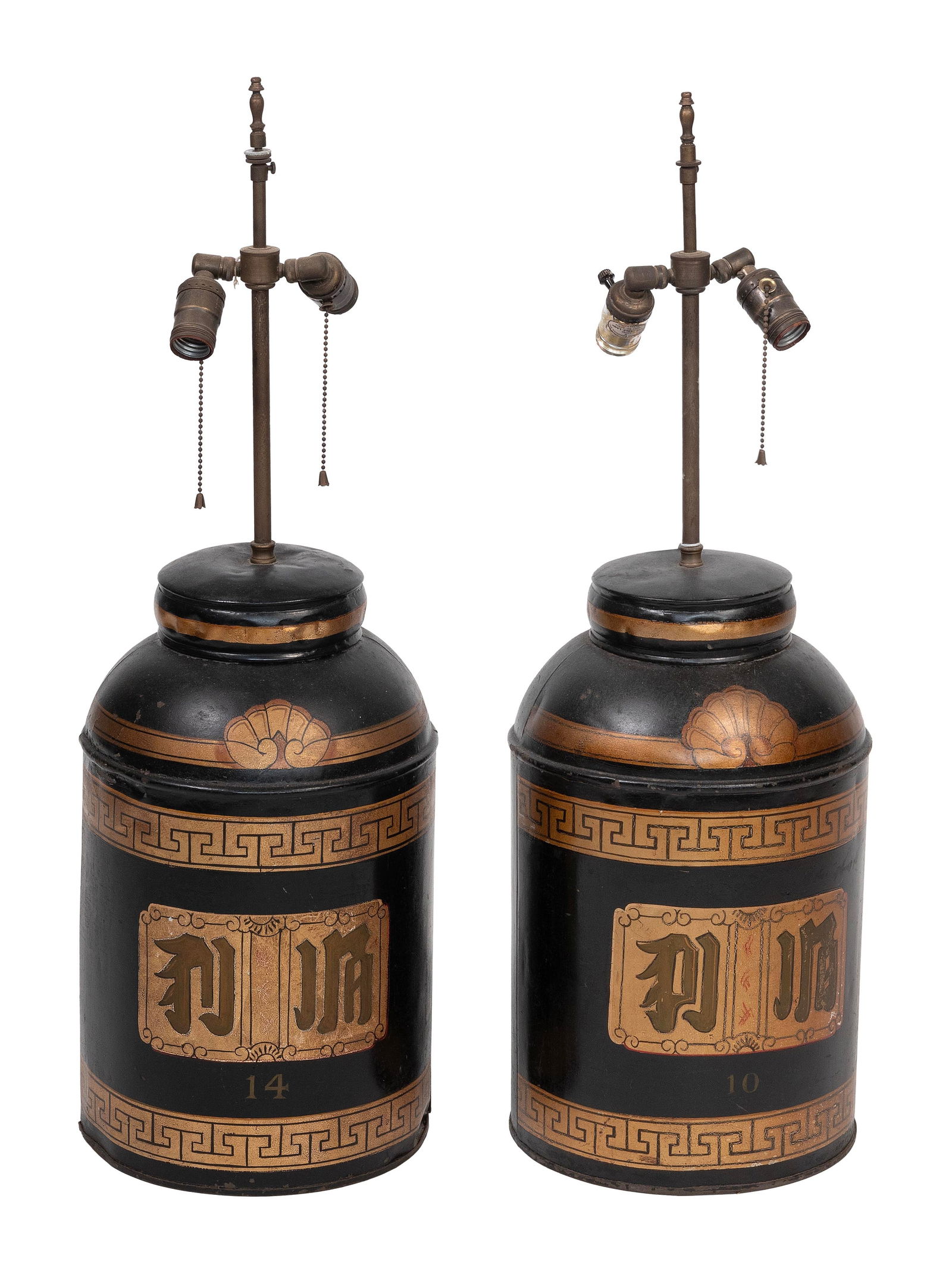 PAIR OF TOLEWARE TEA CANISTERS MOUNTED AS TABLE LAMPS 19th Century Canister heights 18". (1 of 2)