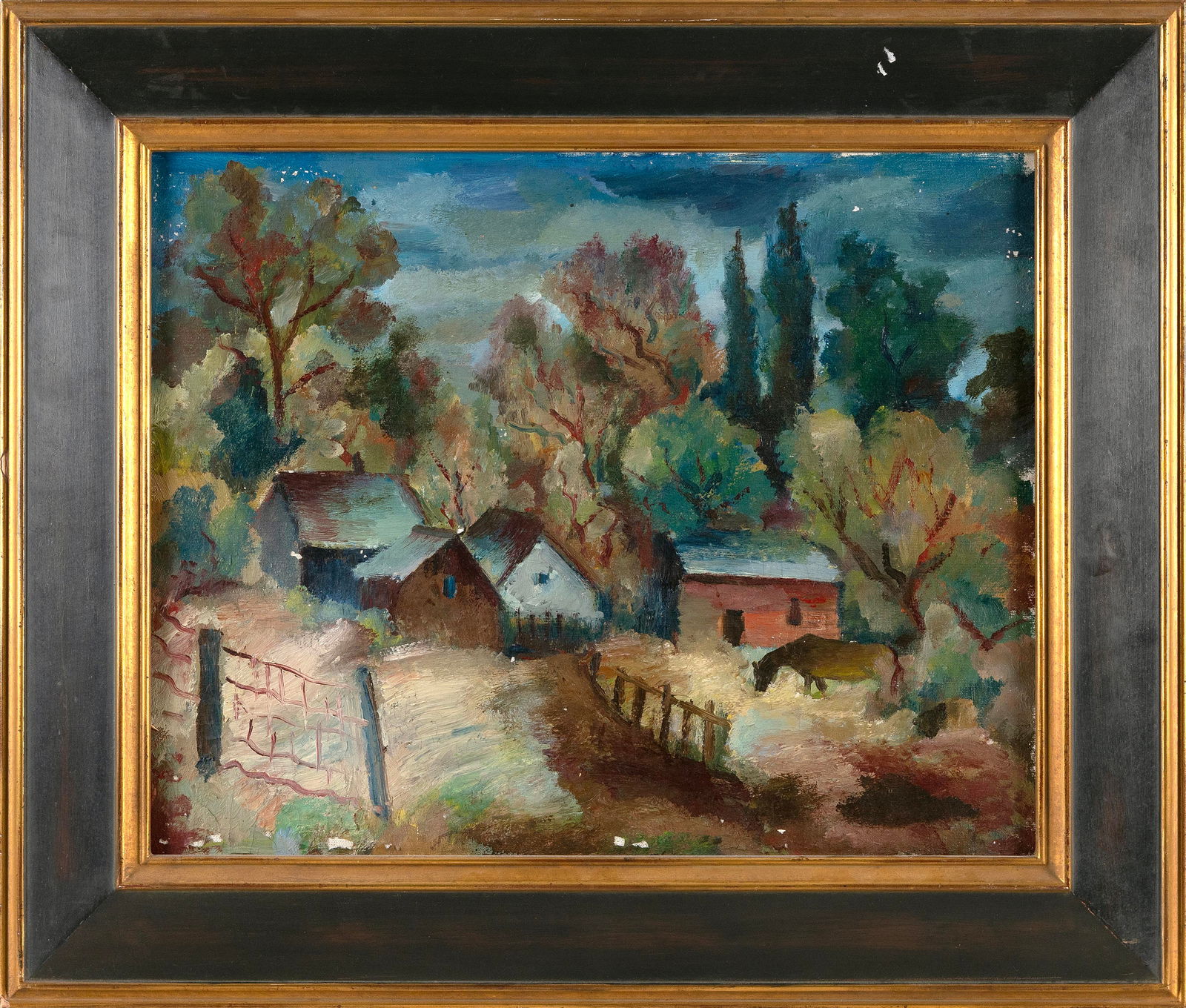 AMERICAN SCHOOL (20th Century,), Landscape with house, barn and horse., Oil on board, 16" x 20". (1 of 2)