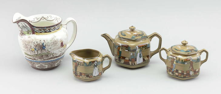 LOT OF BUFFALO POTTERY Early 20th Century Pitcher height 6". Teapot height 5".: LOT OF BUFFALO POTTERYEarly 20th CenturyA "Landing of Roger Williams" pitcher and a three-piece "Ye Olden Days" tea set.Pitcher height 6". Teapot height 5".