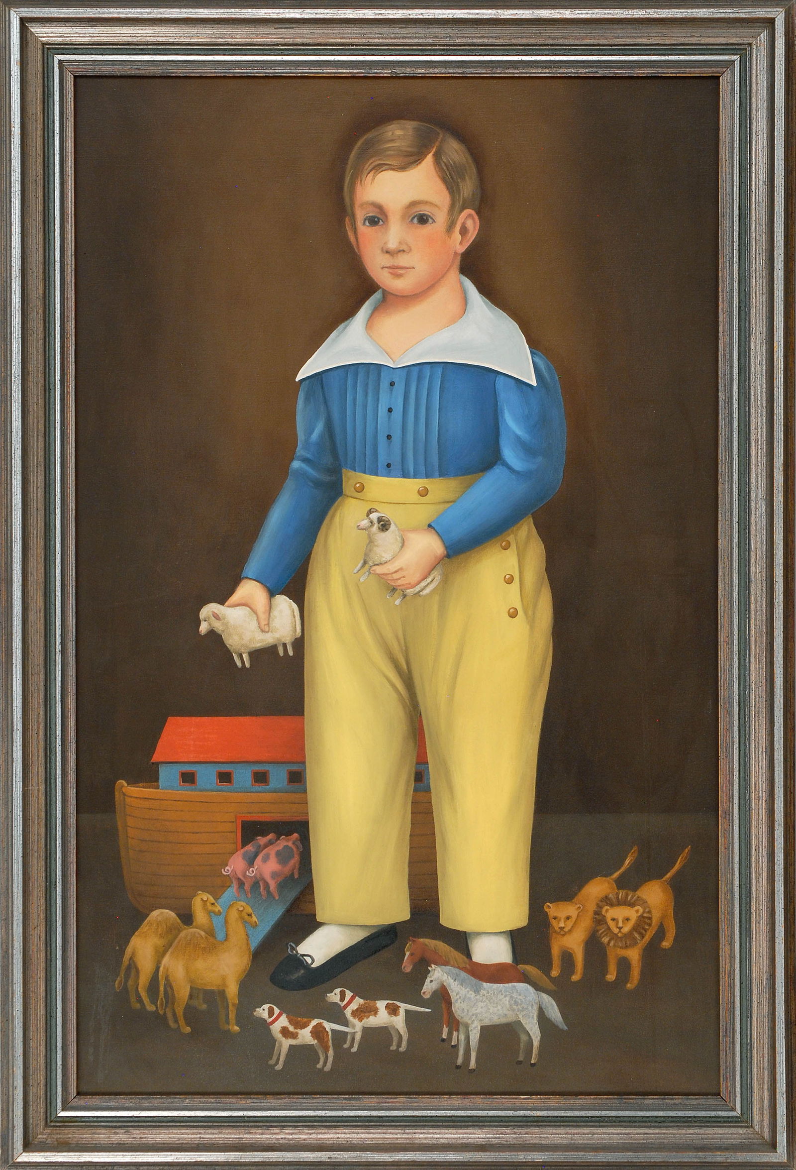 SUZY AALUND (America, 1933-2016), Portrait of a boy with a toy Noah's Ark., Oil on canvas, 36" x (1 of 1)
