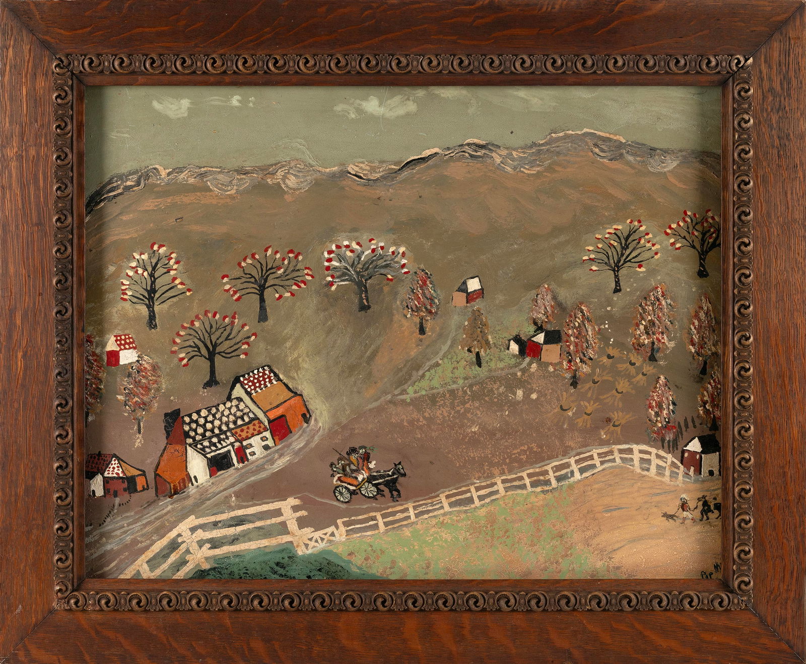 PRIMITIVE PAINTING OF A FARMSTEAD 20th Century Oil on masonite, 21" x 27.5". Framed 26" x 32". (1 of 2)