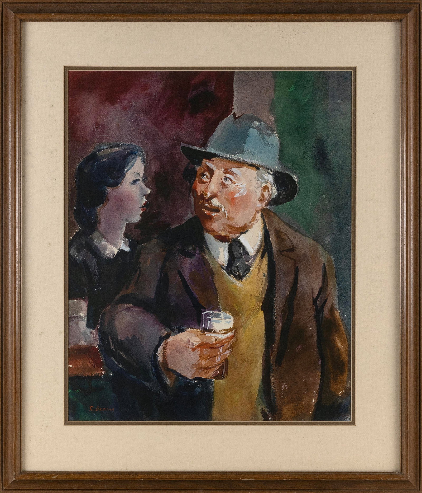 REGINALD LESLIE GROOMS (Ohio, 1900-1989), A conversation., Watercolor on paper, 24" x 19" sight.: REGINALD LESLIE GROOMS Ohio, 1900-1989 A conversation. Signed lower left "R. Grooms". Watercolor on paper, 24" x 19" sight. Framed 34" x 28.5".