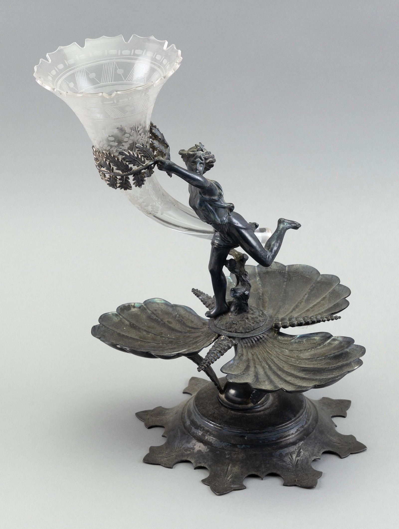 MERIDEN SILVER PLATED FIGURAL EPERGNE Connecticut, Late 19th Century Height 11.5". Width approx. (1 of 2)