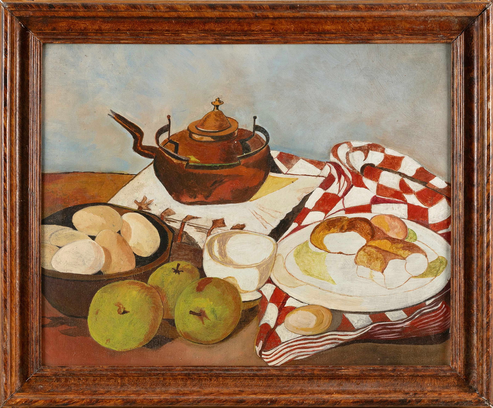 AMERICAN SCHOOL (Circa 1930,), Tabletop still life with fruit and a copper kettle., Oil on board, (1 of 2)