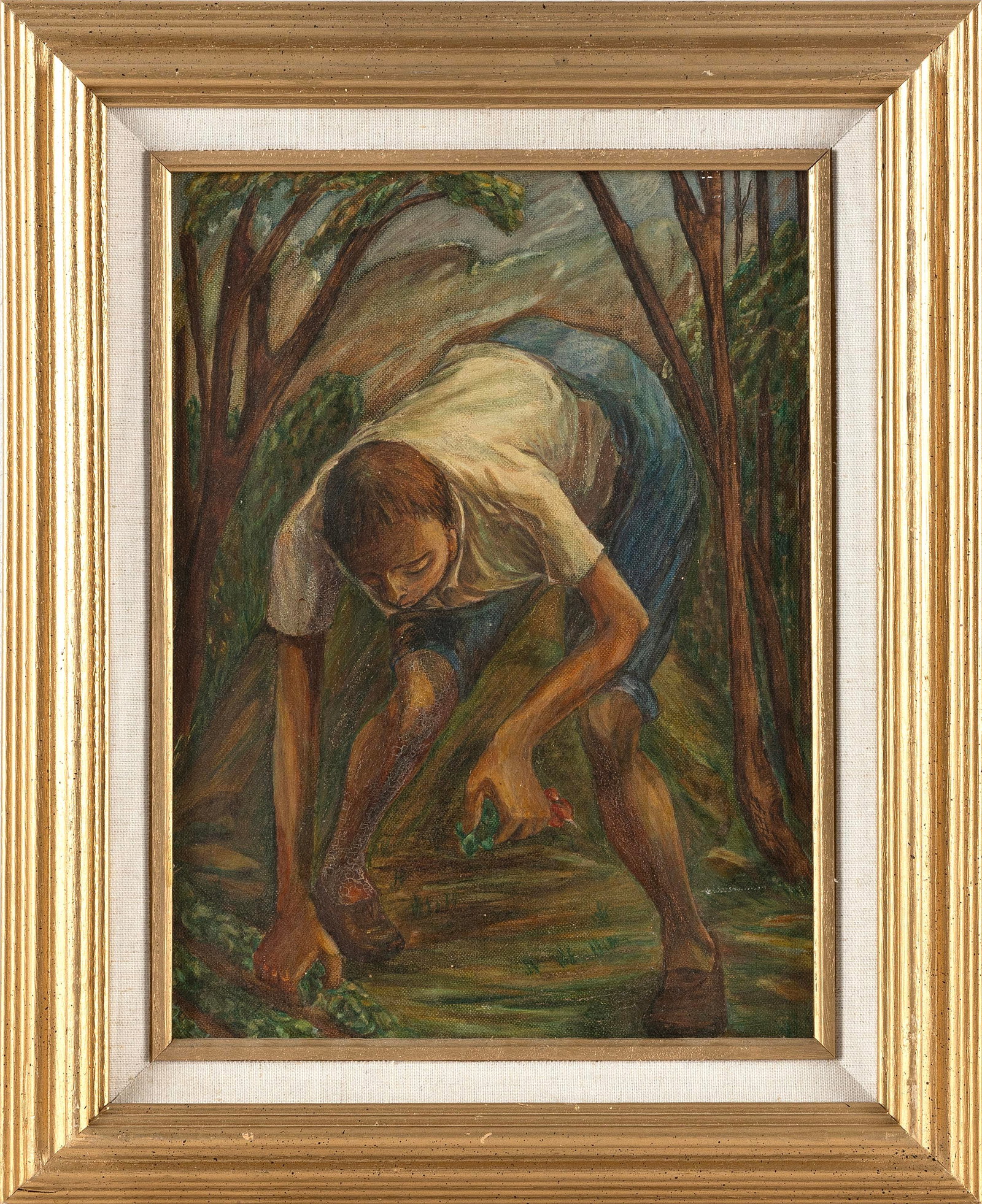 ELIZABETH M. COLT (Pennsylvania, 20th Century), "Backyard Gardner"., Oil on canvas board, 12" x 9". (1 of 2)