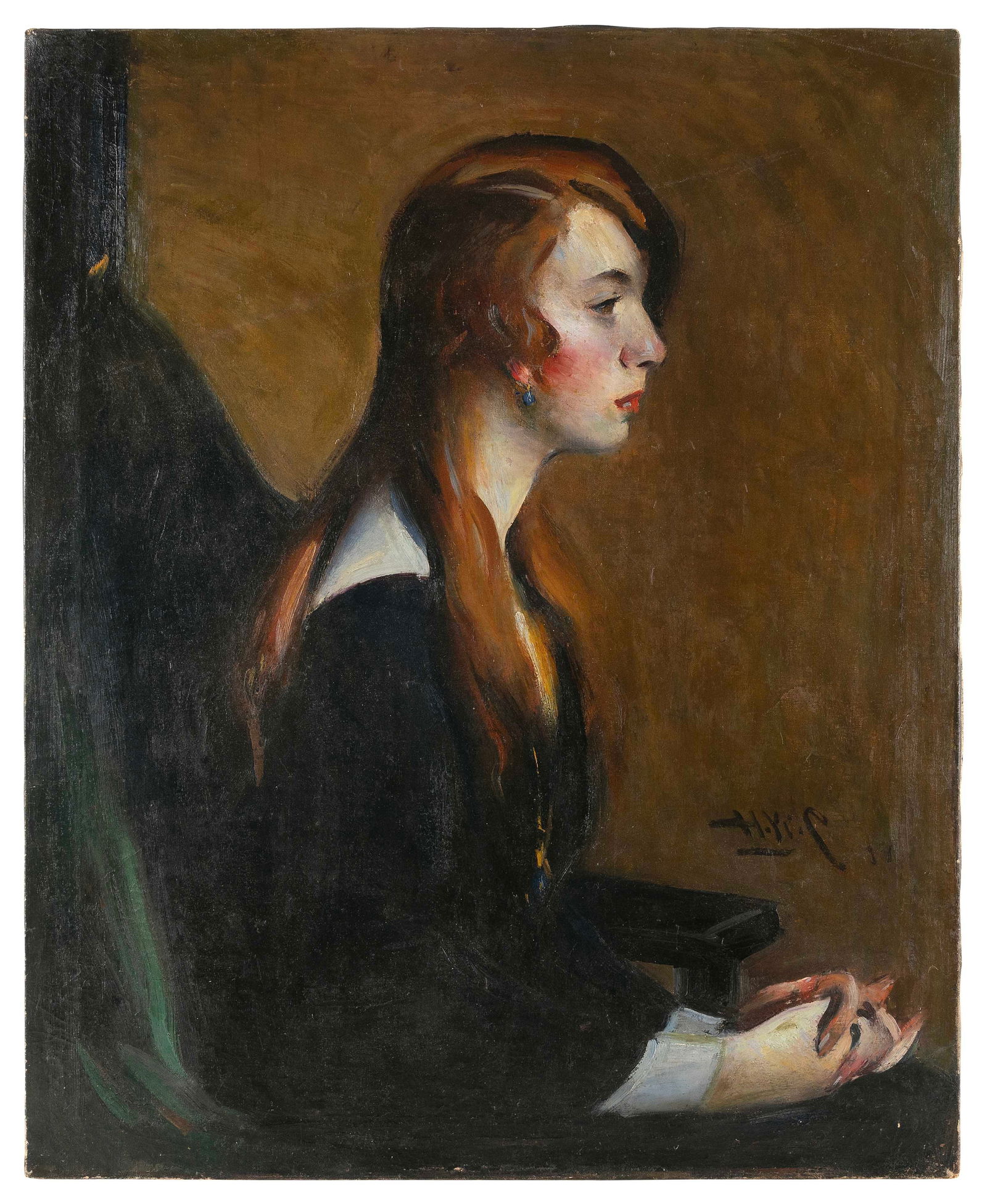 AMERICAN SCHOOL (20th Century,), Profile portrait of a seated woman., Oil on canvas, 32" x 26". (1 of 2)