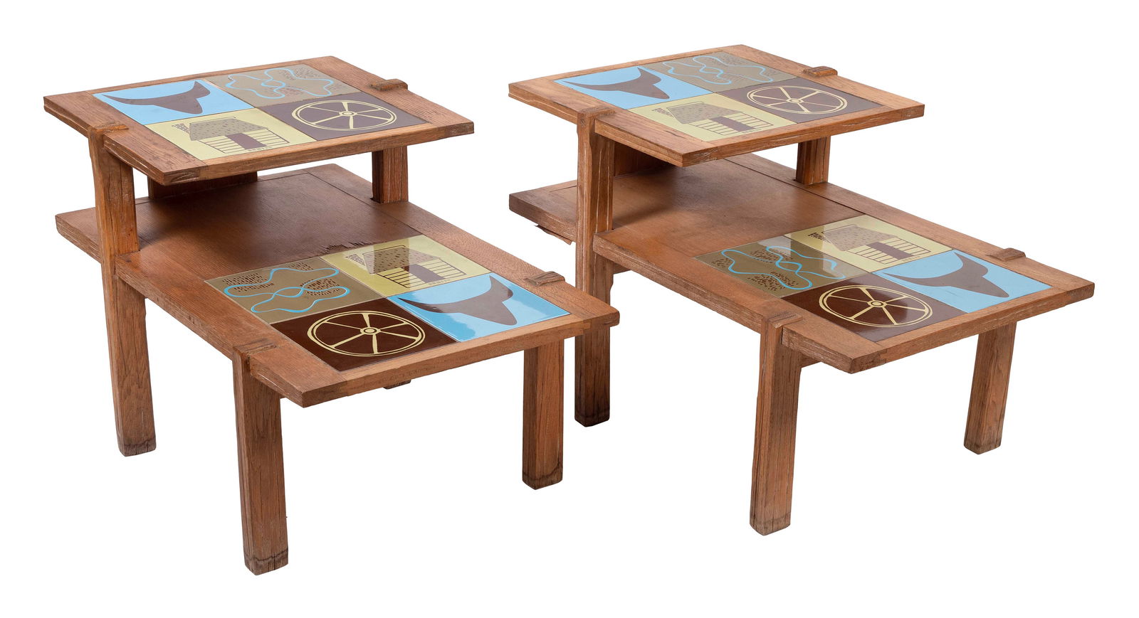 PAIR OF MID-CENTURY RANCH OAK STEP END TABLES 20th Century Heights 23". (1 of 1)