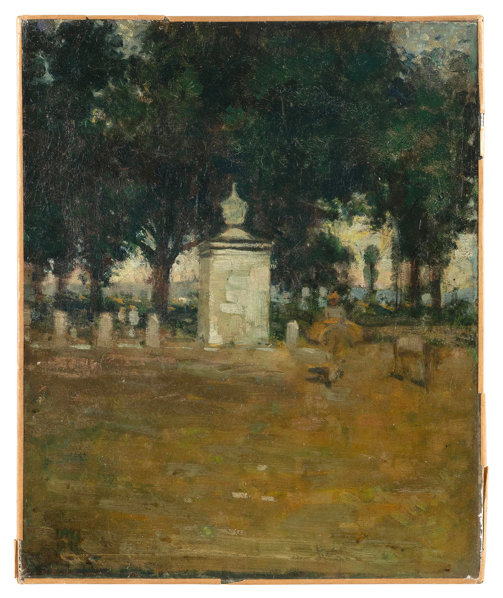 AMERICAN SCHOOL (Early 20th Century,), Landscape with cemetery., Oil on canvas, 17" x 14". Unframed. (1 of 3)