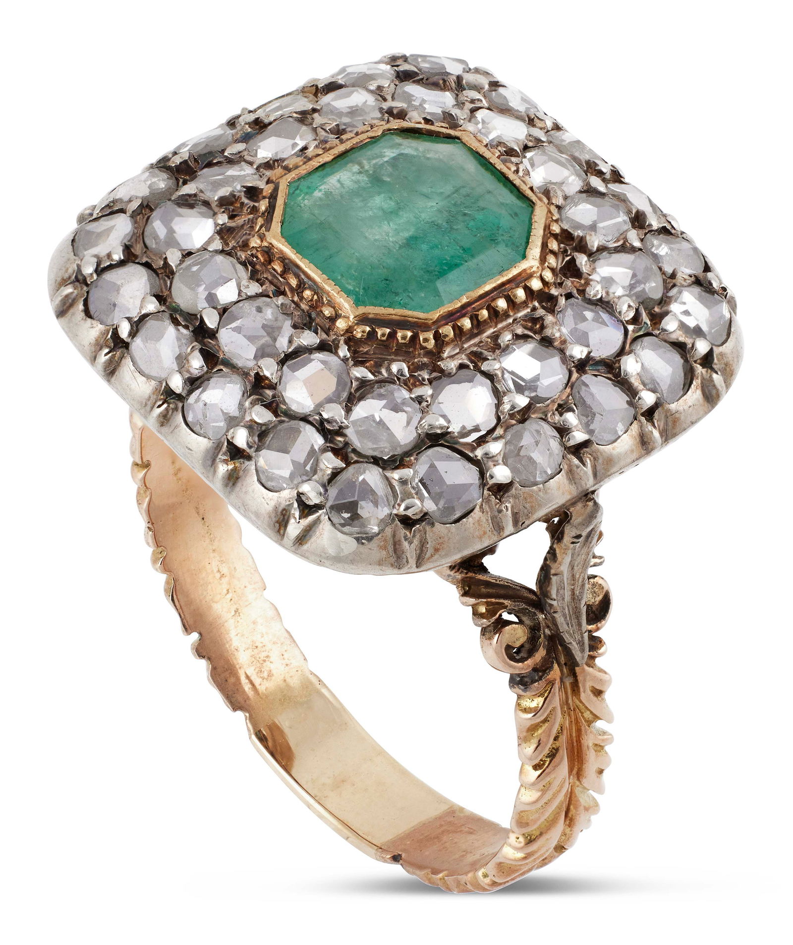 14KT YELLOW GOLD, SILVER, EMERALD AND DIAMOND RING Approx. 4.61 total dwt. (1 of 1)