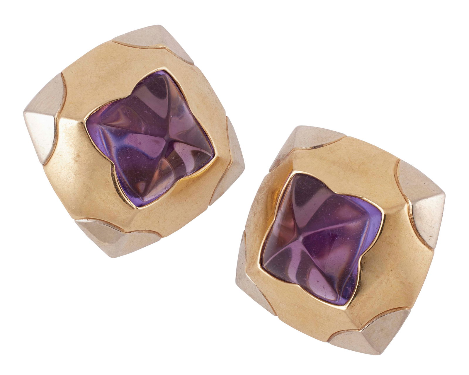 PAIR OF BULGARI 18KT YELLOW GOLD AND AMETHYST EARRINGS Approx. 18.96 total dwt. (1 of 1)