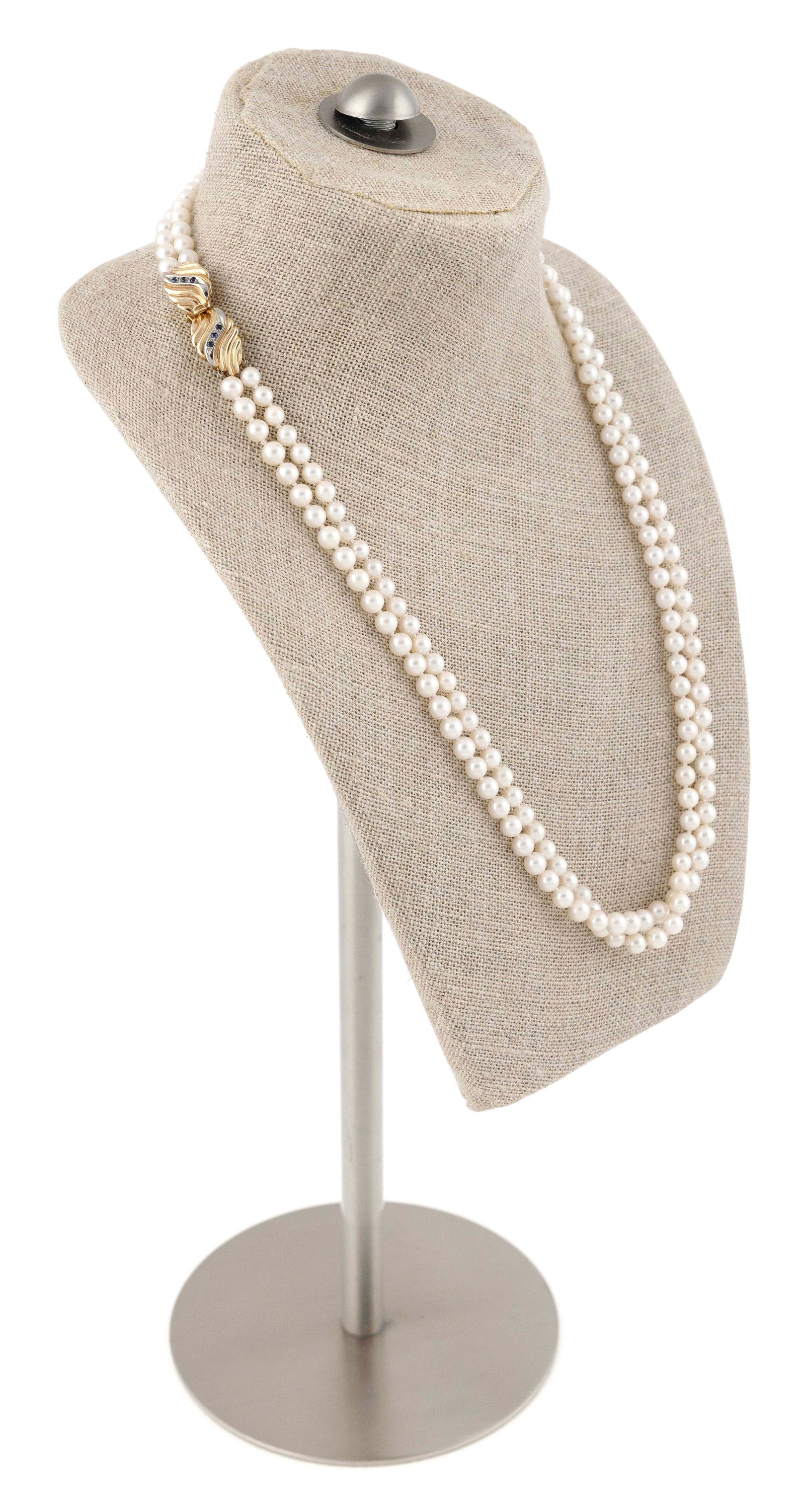 14KT YELLOW GOLD, PEARL AND SAPPHIRE DOUBLE-STRAND NECKLACE Approx. 33.69 total dwt. (1 of 2)