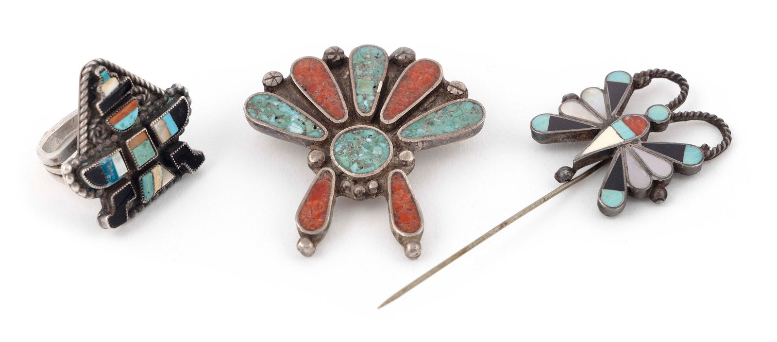 THREE PIECES OF ZUNI STERLING SILVER INLAID JEWELRY Mid- to Late 20th Century (1 of 1)