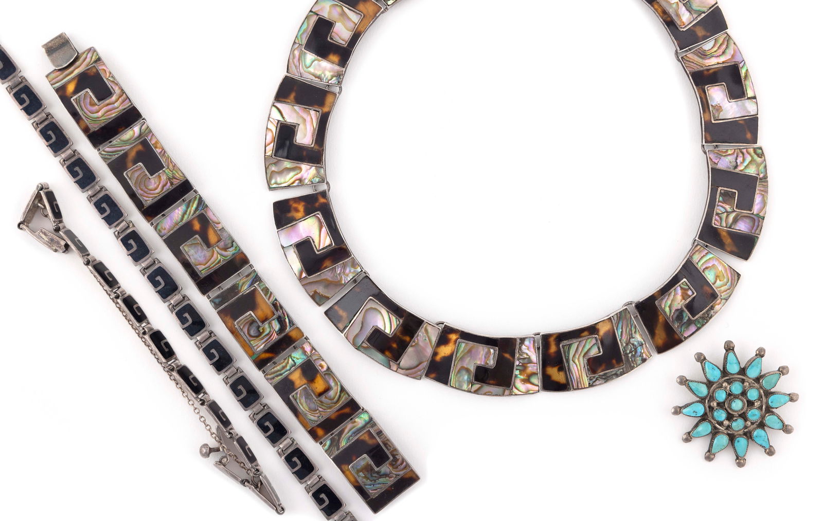 TWO MEXICAN STERLING SILVER NECKLACE AND BRACELET SETS AND A TURQUOISE PIN 20th Century (1 of 1)